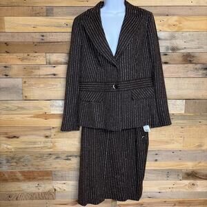 Etcetera Skirt Suit Women’s 10 Brown Pinstripe Tweed Tailored Chic Workwear Set